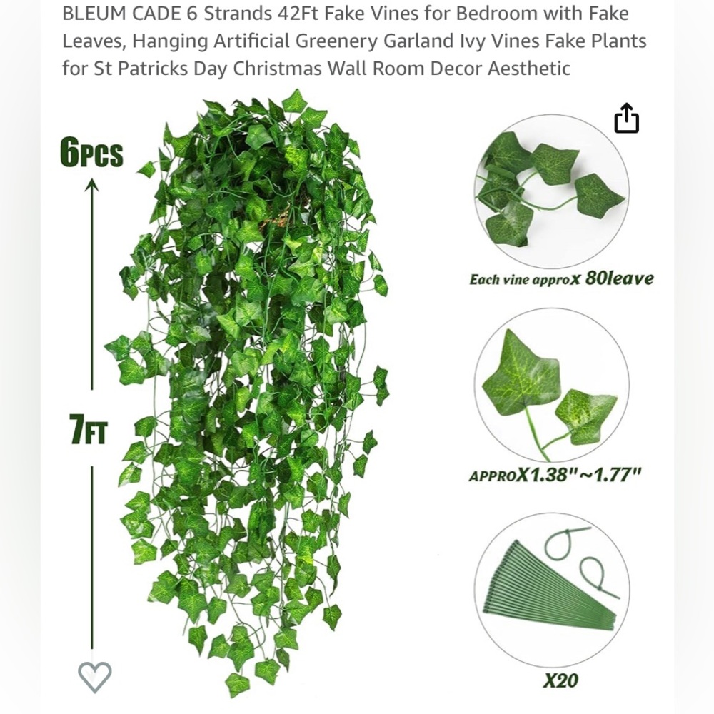 BLEUM CADE 6 Strands 42Ft Fake Vines for Bedroom with Fake Leaves (NO LIGHTS)